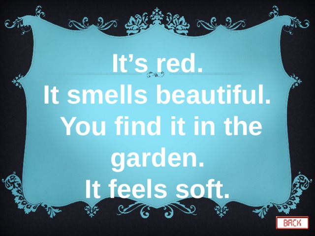 It’s red. It smells beautiful. You find it in the garden. It feels soft. 