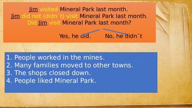 Jim  visited Mineral Park last month. Jim  did not (didn`t) visit Mineral Park last month. Did  Jim  visit Mineral Park last month?  Yes, he did. No, he didn`t People worked in the mines. Many families moved to other towns. The shops closed down. People liked Mineral Park. 