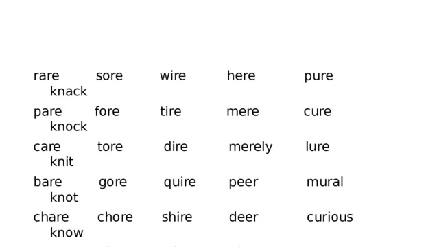 rare sore wire here pure knack pare fore tire mere cure knock care tore dire merely lure knit bare gore quire peer mural knot chare chore shire deer curious know tare shore wiry clear sure knave square force fire near surely knag 