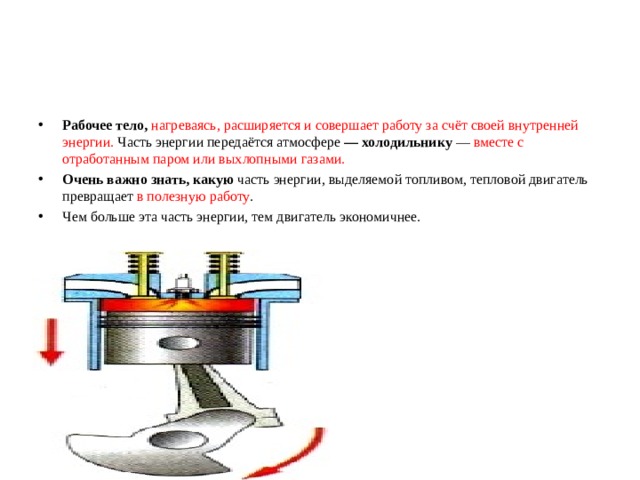 Рабочее тело, нагреваясь, расширяется и совершает работу за счёт своей внутренней энергии. Часть энергии передаётся атмосфере — холодильнику — вместе с отработанным паром или выхлопными газами. Очень важно знать, какую часть энергии, выделяемой топливом, тепловой двигатель превращает в полезную работу . Чем больше эта часть энергии, тем двигатель экономичнее. 
