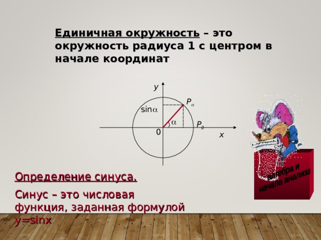 Единичная окружность – это окружность радиуса 1 с центром в начале координат у Р  sin   Р 0 0 х Определение синуса. Синус – это числовая функция, заданная формулой у= sin х  