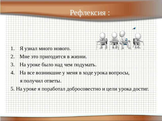 Рефлексия : Я узнал много нового. Мне это пригодится в жизни. На уроке было над чем подумать. На все возникшие у меня в ходе урока вопросы,  я получил ответы. 5. На уроке я поработал добросовестно и цели урока достиг. 