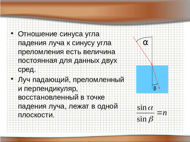 Отношение синуса угла падения к синусу угла преломления. Отношение синуса угла падения. Лучи падающий преломленный и перпендикуляр проведенный к границе. Синус угла преломления.