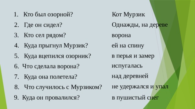 1. Кто был озорной?  Кот Мурзик Однажды, на дереве 2. Где он сидел? ворона 3. Кто сел рядом? ей на спину 4. Куда прыгнул Мурзик? в перья и замер 5. Куда вцепился озорник? испугалась 6. Что сделала ворона? над деревней 7. Куда она полетела? не удержался и упал 8. Что случилось с Мурзиком? 9. Куда он провалился? в пушистый снег 