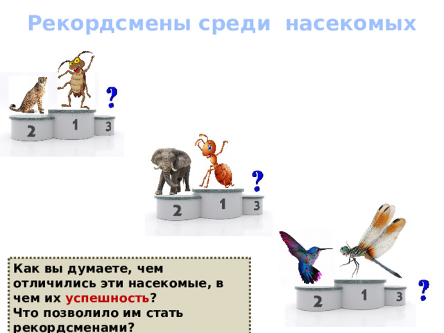 Рекордсмены среди насекомых Как вы думаете, чем отличились эти насекомые, в чем их успешность ? Что позволило им стать рекордсменами? 