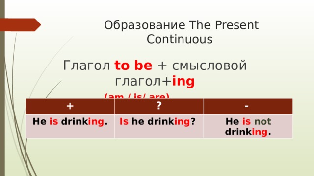 Образование The Present Continuous Глагол to be + смысловой глагол+ ing  (am / is/ are) + He is drink ing . ? - Is he drink ing ? He is  not drink ing . 