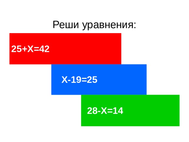  Реши уравнения: 25+Х=42  Х-19=25  28-Х=14 