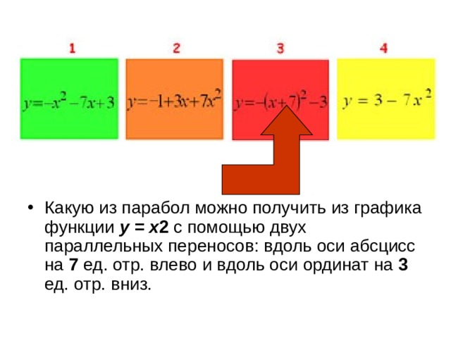 Какую из парабол можно получить из графика функции y = x 2 с помощью двух параллельных переносов: вдоль оси абсцисс на 7 ед. отр. влево и вдоль оси ординат на 3 ед. отр. вниз. 