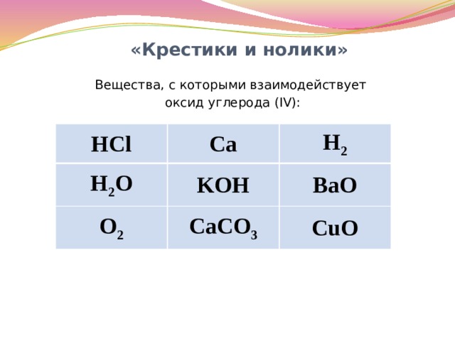  «Крестики и нолики» Вещества, с которыми взаимодействует оксид углерода (IV): HCl Ca H 2 O H 2 KOH O 2 CaCO 3 ВаО CuO 