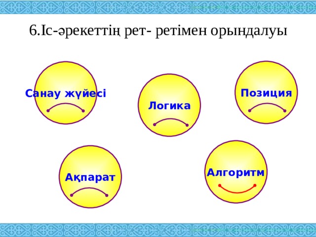 6.Іс-әрекеттің рет- ретімен орындалуы   Позиция Санау жүйесі Логика Алгоритм Ақпарат 