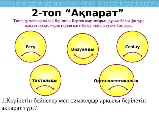 2-топ “ Ақпарат ” Төменде тапсырмалар берілген. Берген жауаптарың дұрыс болса фигура жасыл түске, жауаптарың қате болса қызыл түске боялады. Есту Сезіну Визуалды Тактильды Оргонолептикалық 1.Көрінетін бейнелер мен символдар арқылы берілетін ақпарат түрі? 
