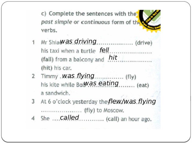 was driving fell hit was flying was eating flew/was flying called 