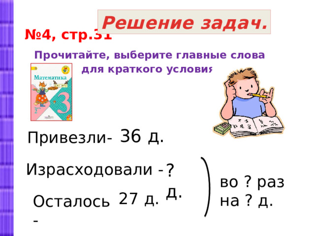 Решение задач. № 4, стр.31 Прочитайте, выберите главные слова для краткого условия 36 д. Привезли- Израсходовали - ? д. во ? раз на ? д. 27 д. Осталось - 