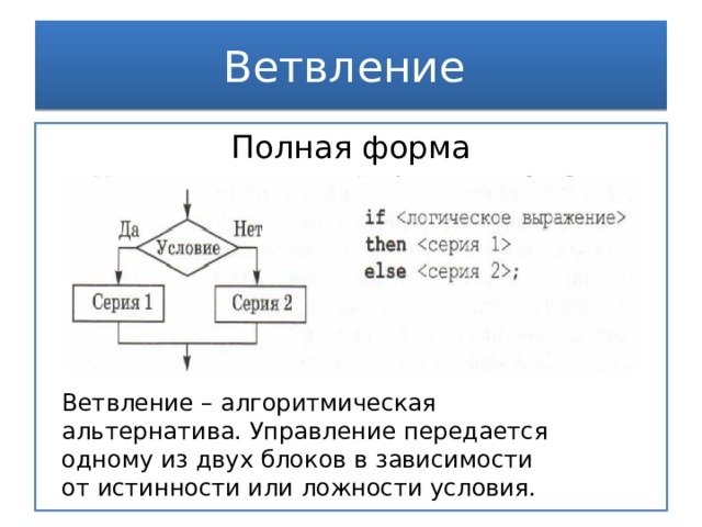 Ветвление Полная форма  I if Ветвление – алгоритмическая альтернатива. Управление передается одному из двух блоков в зависимости от истинности или ложности условия. 