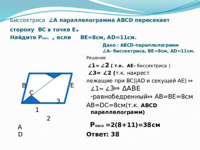 Биссектриса ∠А параллелограмма АВСD пересекает сторону ВС в точке Е .  Найдите Р АВС D , если ВЕ=8см, АD=11cм. Дано : АВСD-параллелограмм ∠ А- биссектриса, ВЕ=8см, АD=11cм. Решение  ∠ 1 = ∠ 2 ( т.к. АЕ- биссектриса )  ∠ 3= ∠2 ( т.к. накрест лежащие при BC||AD и секущей АЕ) ⤇ ∠ 1 = ∠ 3 ⤇ ∆АВЕ - равнобедренный⤇ АВ=ВЕ=8см АВ=DC=8cм(т.к. АВСD параллелограмм)  Р АВСD  =2(8+11)=38см Ответ: 38   В Е С  3  1  2  А D 