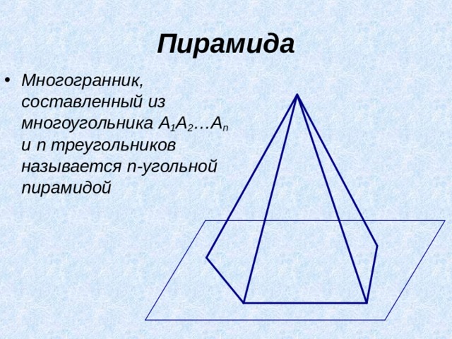 Пирамида Многогранник, составленный из многоугольника A 1 A 2 …A n и n треугольников называется n -угольной пирамидой 