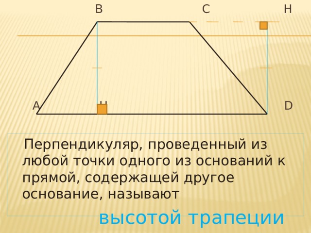  В С Н  А Н D  Перпендикуляр, проведенный из любой точки одного из оснований к прямой, содержащей другое основание, называют  высотой трапеции 