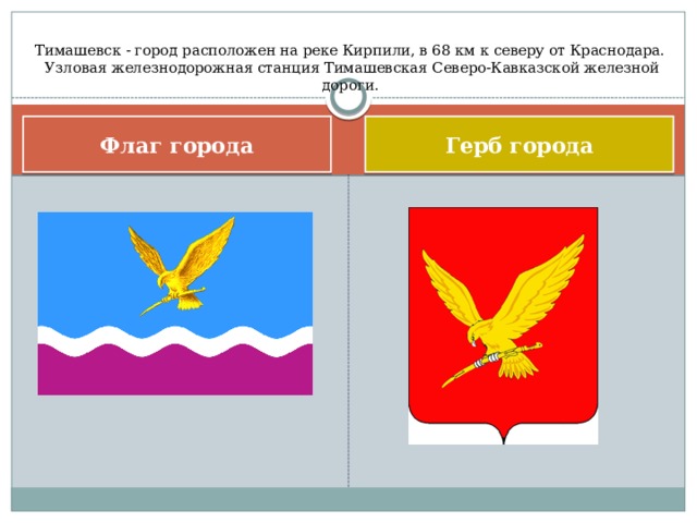 Тимашевск - город расположен на реке Кирпили, в 68 км к северу от Краснодара.  Узловая железнодорожная станция Тимашевская Северо-Кавказской железной дороги.   Флаг города Герб города 