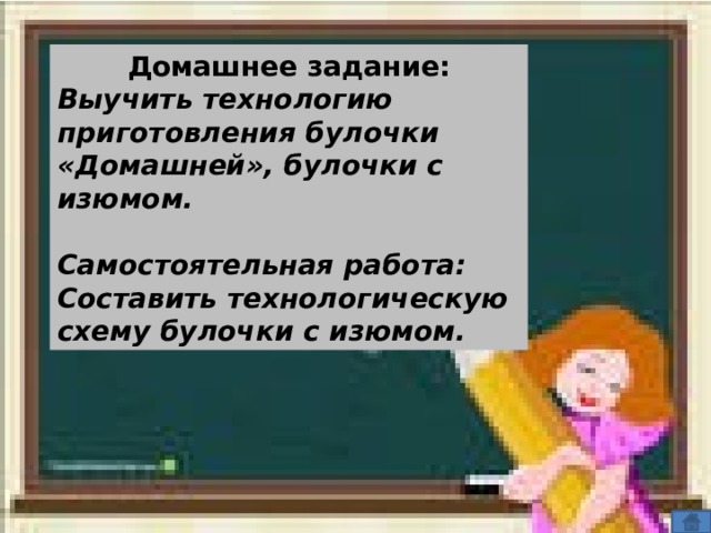 Домашнее задание: Выучить технологию приготовления булочки «Домашней», булочки с изюмом.  Самостоятельная работа: Составить технологическую схему булочки с изюмом. 