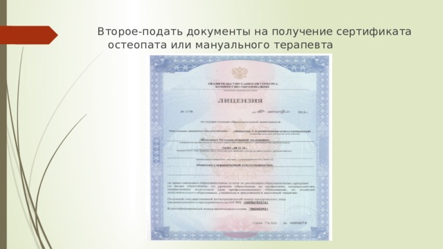 Второе-подать документы на получение сертификата остеопата или мануального терапевта   