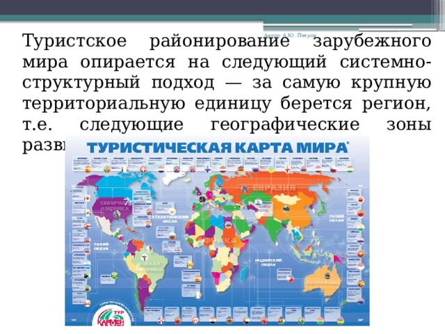  Туристское районирование зарубежного мира опирается на следующий системно-структурный подход — за самую крупную территориальную единицу берется регион, т.е. следующие географические зоны развития: Автор: А.Ю. Петров 