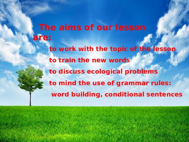  The aims of our lesson are: to work with the topic of the lesson to train the new words to discuss ecological problems to mind the use of grammar rules:  word building, conditional sentences 