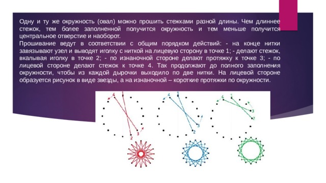 Одну и ту же окружность (овал) можно прошить стежками разной длины. Чем длиннее стежок, тем более заполненной получится окружность и тем меньше получится центральное отверстие и наоборот. Прошивание ведут в соответствии с общим порядком действий: - на конце нитки завязывают узел и выводят иголку с ниткой на лицевую сторону в точке 1; - делают стежок, вкалывая иголку в точке 2; - по изнаночной стороне делают протяжку к точке 3; - по лицевой стороне делают стежок к точке 4. Так продолжают до полного заполнения окружности, чтобы из каждой дырочки выходило по две нитки. На лицевой стороне образуется рисунок в виде звезды, а на изнаночной – короткие протяжки по окружности. 