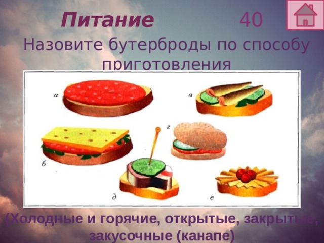 Питание 40  Назовите бутерброды по способу приготовления (Холодные и горячие, открытые, закрытые, закусочные (канапе) 