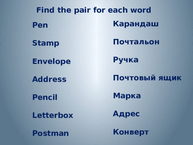 Find the pair for each word Карандаш  Почтальон  Ручка  Почтовый ящик  Марка  Адрес  Конверт Pen  Stamp  Envelope  Address  Pencil  Letterbox  Postman 