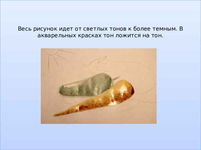 Весь рисунок идет от светлых тонов к более темным. В акварельных красках тон ложится на тон.               