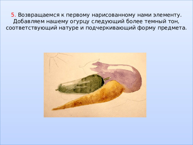 5. Возвращаемся к первому нарисованному нами элементу. Добавляем нашему огурцу следующий более темный тон, соответствующий натуре и подчеркивающий форму предмета.                  