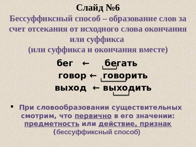 Слайд №6  Бессуффиксный способ – образование слов за счет отсекания от исходного слова окончания или суффикса  (или суффикса и окончания вместе) бег ← бегать  говор ← говорить  выход ← выходить  При словообразовании существительных смотрим, что первично в его значении: предметность или действие, признак ( бессуффиксный способ)  