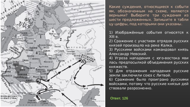 Какие суж­де­ния, от­но­ся­щи­е­ся к со­бы­ти­ям, обо­зна­чен­ным на схеме, яв­ля­ют­ся вер­ны­ми? Вы­бе­ри­те три суж­де­ния из шести пред­ло­жен­ных. За­пи­ши­те в таб­ли­цу цифры, под ко­то­ры­ми они ука­за­ны.   1) Изоб­ражённые со­бы­тия от­но­сят­ся к XIII в. 2) Сра­же­ние с уча­сти­ем от­ря­дов рус­ских кня­зей про­изо­шло на реке Калка. 3) Рус­ски­ми вой­ска­ми ко­ман­до­вал князь Алек­сандр Нев­ский. 4) Угро­за на­па­де­ния с юго-во­сто­ка яви­лась пред­по­сыл­кой объ­еди­не­ния рус­ских кня­жеств. 5) Для от­ра­же­ния на­па­де­ния рус­ские земли за­клю­чи­ли союз с Лит­вой. 6) Сра­же­ние было про­иг­ра­но рус­ски­ми вой­ска­ми, по­то­му что рус­ские кня­зья дей­ство­ва­ли раз­роз­нен­но. Ответ. 126 