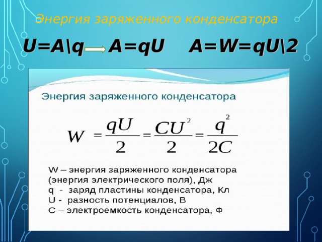 Энергия заряженного конденсатора U=A\q A=qU A=W=qU\2  