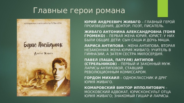 Главные герои романа Юрий Андреевич Живаго – главный герой произведения, доктор, поэт, писатель. Живаго Антонина Александровна (Тоня Громеко) – первая жена Юрия, юрист; у них были общие дети: сын Саша и дочь Маша. Лариса Антипова – жена Антипова, вторая незаконная жена Юрия Живаго; учитель в гимназии, а затем сестра милосердия. Павел (Паша, Патуля) Антипов (Стрельников) – первый и законный муж Ларисы Антиповой, ставший революционным комиссаром. Гордон Михаил – одноклассник и друг Юрия Живаго. Комаровский Виктор Ипполитович – московский адвокат, юрисконсульт отца Юрия Живаго; знакомый Гишар и Ларисы. 