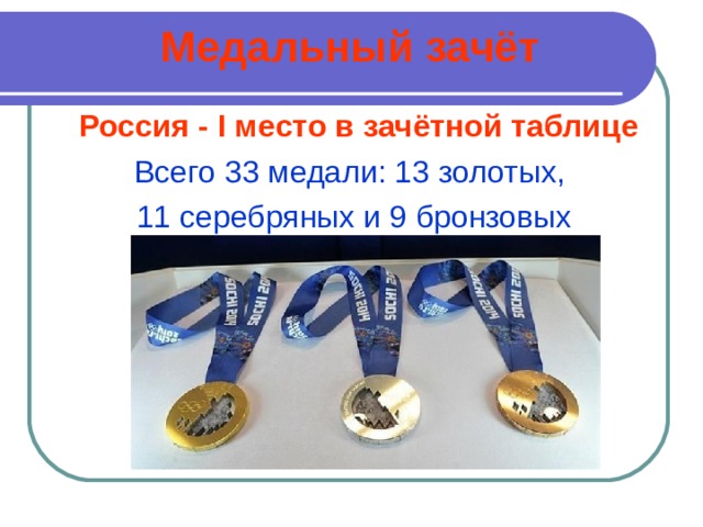 Медальный зачёт  Россия - I место в зачётной таблице Всего 33 медали: 13 золотых, 11 серебряных и 9 бронзовых 
