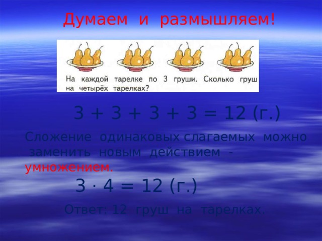 Думаем и размышляем! 3 + 3 + 3 + 3 = 12 (г.) Сложение одинаковых слагаемых можно заменить новым действием - умножением. 3 · 4 = 12 (г.) Ответ: 12 груш на тарелках. 