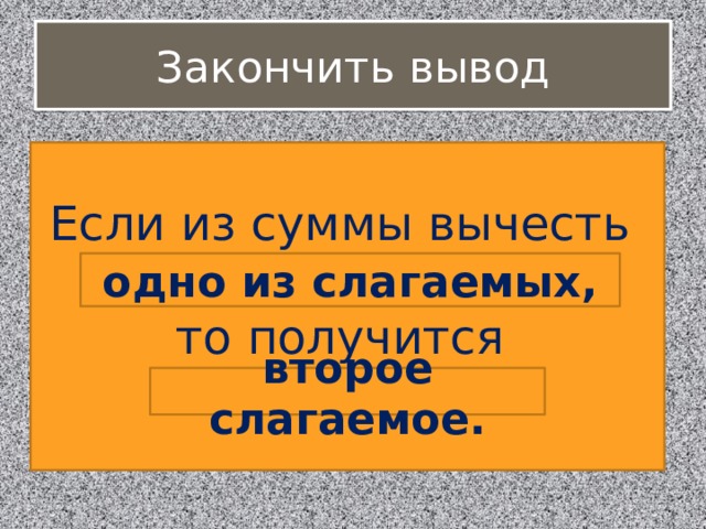 Из суммы вычесть слагаемое. Если из суммы вычесть то получится. Закончи выводы. Связь между суммой и слагаемыми 1 класс. Как закончить вывод.