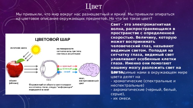 Цвет  Мы привыкли, что мир вокруг нас разноцветный и яркий. Мы привыкли опираться на цветовое описание окружающих предметов. Но что же такое цвет? Свет - это электромагнитная волна, распространяющаяся в пространстве с определенной скоростью. Величину, которую может воспринимать человеческий глаз, называют видимым светом. Попадая на сетчатку глаза, видимый свет улавливают особенные клетки глаза. Именно они помогают нашему мозгу разложить свет на цвета.  Все видимые нами в окружающем мире цвета делят на - хроматические (спектральные и неспектральные) - ахроматические (черный, белый, серые), - их смеси. 