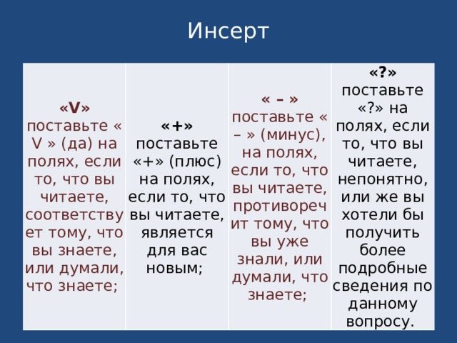 Инсерт «V» поставьте « V » (да) на полях, если то, что вы читаете, соответствует тому, что вы знаете, или думали, что знаете; «+» поставьте «+» (плюс) на полях, если то, что вы читаете, является для вас новым; « – » поставьте « – » (минус), на полях, если то, что вы читаете, противоречит тому, что вы уже знали, или думали, что знаете; «?» поставьте «?» на полях, если то, что вы читаете, непонятно, или же вы хотели бы получить более подробные сведения по данному вопросу. 