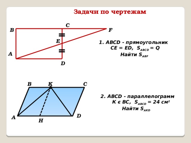 ǁ ǁ Задачи по чертежам C F B E 1. ABCD - прямоугольник  СE = ED, S ABCD = Q  Найти S ABF A D B C K 2. ABCD - параллелограмм  К є ВС, S ABCD = 24 см 2  Найти S AKD D A H 