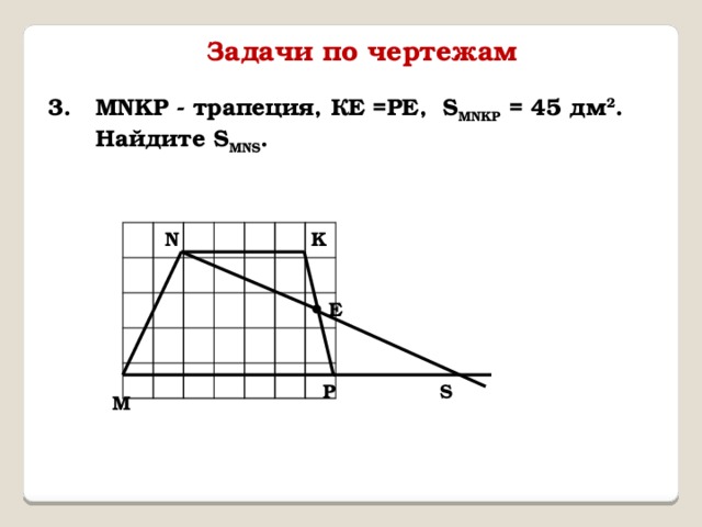 Задачи по чертежам 3. MNKP - трапеция, КЕ =РЕ, S MNKP = 45 дм 2 .  Найдите S MNS . N K E Р S М 