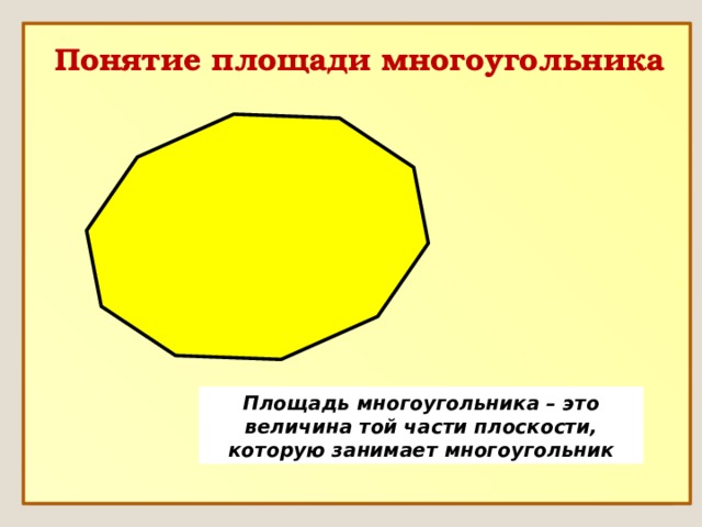 Понятие площади многоугольника Площадь многоугольника – это величина той части плоскости, которую занимает многоугольник  