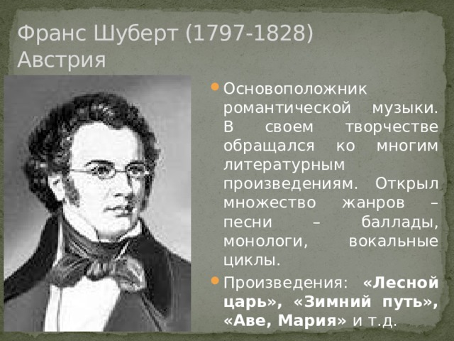 Цикл зимний путь шуберт. Основоположник романтической музыки. Франс Шуберт Лесной царь. Основоположник музыкального жанра вокальный цикл. Франс Шуберт стиль произведения.