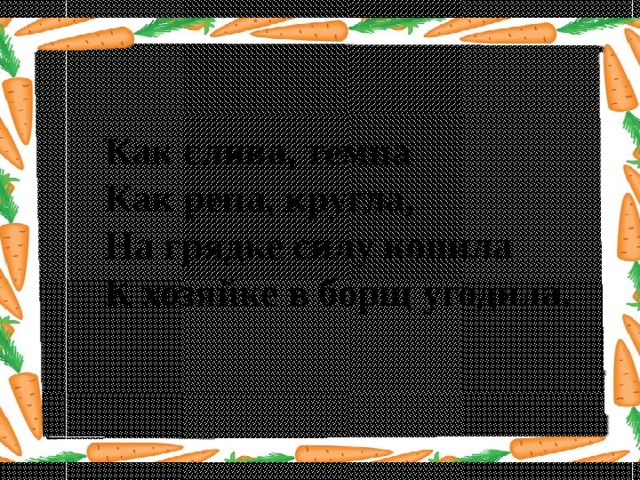 Как слива, темна Как репа, кругла, На грядке силу копила К хозяйке в борщ угодила. 