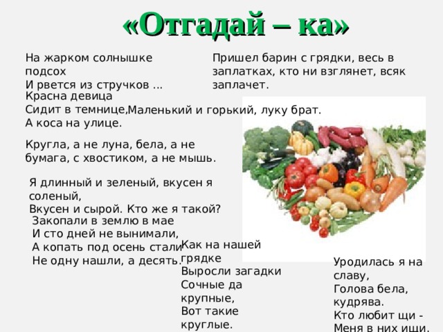 «Отгадай – ка» На жарком солнышке подсох И рвется из стручков ... Пришел барин с грядки, весь в заплатках, кто ни взглянет, всяк заплачет. Красна девица Сидит в темнице, А коса на улице. Маленький и горький, луку брат. Кругла, а не луна, бела, а не бумага, с хвостиком, а не мышь.  Я длинный и зеленый, вкусен я соленый, Вкусен и сырой. Кто же я такой? Закопали в землю в мае И сто дней не вынимали, А копать под осень стали Не одну нашли, а десять. Как на нашей грядке Выросли загадки Сочные да крупные, Вот такие круглые. Летом зеленеют, К осени краснеют. Уродилась я на славу, Голова бела, кудрява. Кто любит щи - Меня в них ищи. 