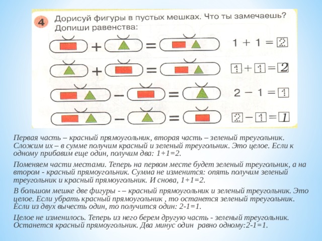 2 1 Первая часть – красный прямоугольник, вторая часть – зеленый треугольник. Сложим их – в сумме получим красный и зеленый треугольник. Это целое. Если к одному прибавим еще один, получим два: 1+1=2. Поменяем части местами. Теперь на первом месте будет зеленый треугольник, а на втором - красный прямоугольник. Сумма не изменится: опять получим зеленый треугольник и красный прямоугольник. И снова, 1+1=2. В большом мешке две фигуры - – красный прямоугольник и зеленый треугольник. Это целое. Если убрать красный прямоугольник , то останется зеленый треугольник. Если из двух вычесть один, то получится один: 2-1=1. Целое не изменилось. Теперь из него берем другую часть - зеленый треугольник. Останется красный прямоугольник. Два минус один равно одному:2-1=1. 