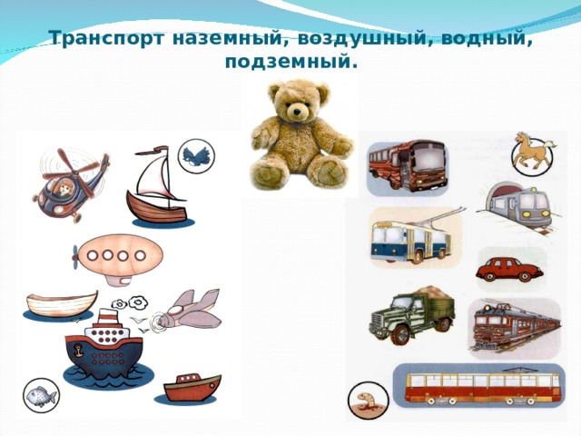 Транспорт наземный, воздушный, водный, подземный. 