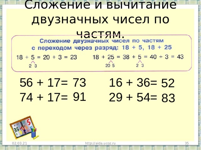 Сложение и вычитание двузначных чисел по частям. 56 + 17= 16 + 36= 74 + 17= 29 + 54= 73 52 91 83 02.03.21 http://aida.ucoz.ru  