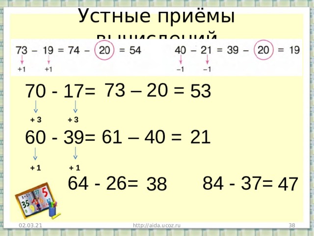 Устные приёмы вычислений 73 – 20 = 70 - 17= 60 - 39=  64 - 26= 84 - 37= 53 + 3 + 3 61 – 40 = 21 + 1 + 1 47 38 02.03.21  http://aida.ucoz.ru 